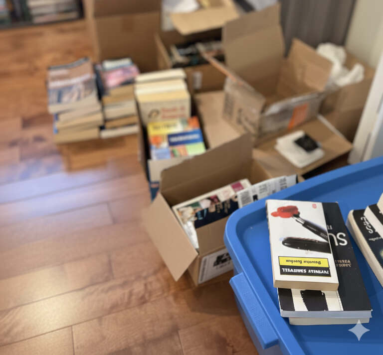 Un fond de bibliothèque avec beaucoup de livres, de nombreuses boîtes ouvertes et fermées. Des piles de livres au sol, un bac bleu sur lequel se trouvent deux livres dans les teintes de noir et blanc.