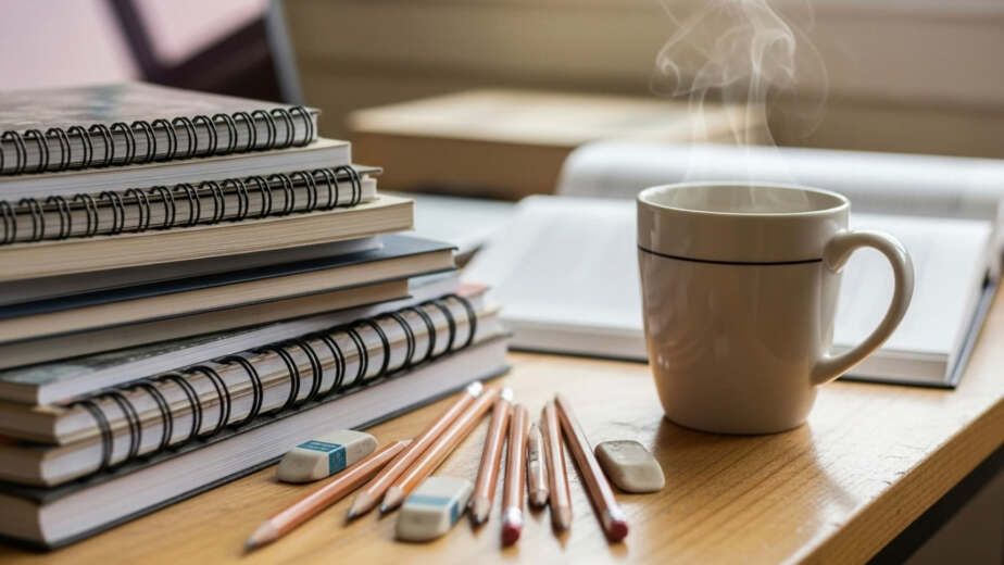 Bureau sur lequel on retrouve une pile de calepins, plusieurs crayons aiguisés, trois effaces. Une tasse de café beige avec une ligne noire, dans lequel se trouve un café fumant. Dans le fond, on voit un livre ouvert en flou.