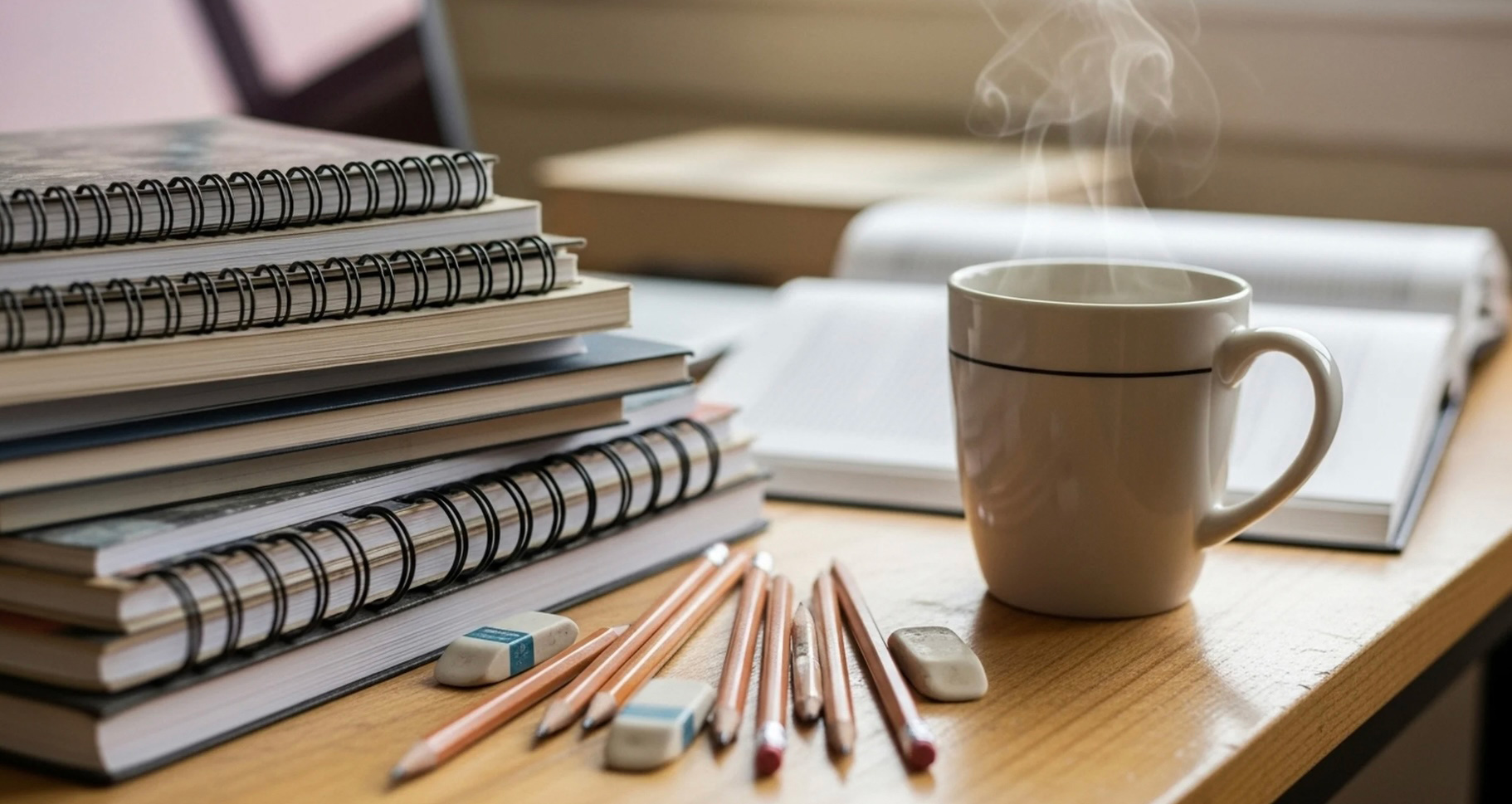 Bureau sur lequel on retrouve une pile de calepins, plusieurs crayons aiguisés, trois effaces. Une tasse de café beige avec une ligne noire, dans lequel se trouve un café fumant. Dans le fond, on voit un livre ouvert en flou.